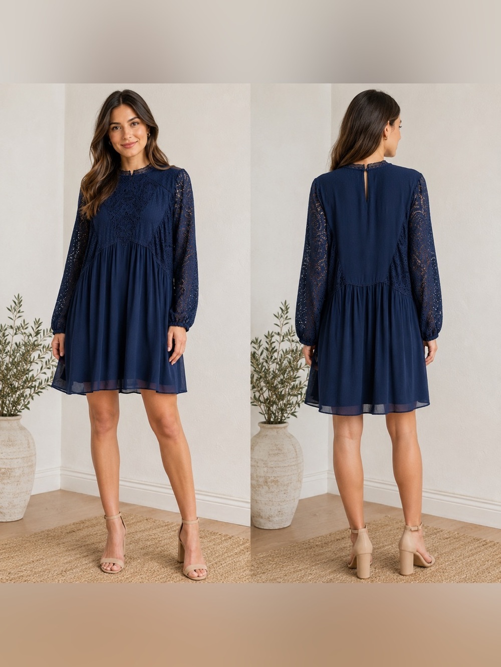 Sundance Navy Lace Boho Dress NWOT Size M Romantic Sheer Puff Sleeve Mini Dress